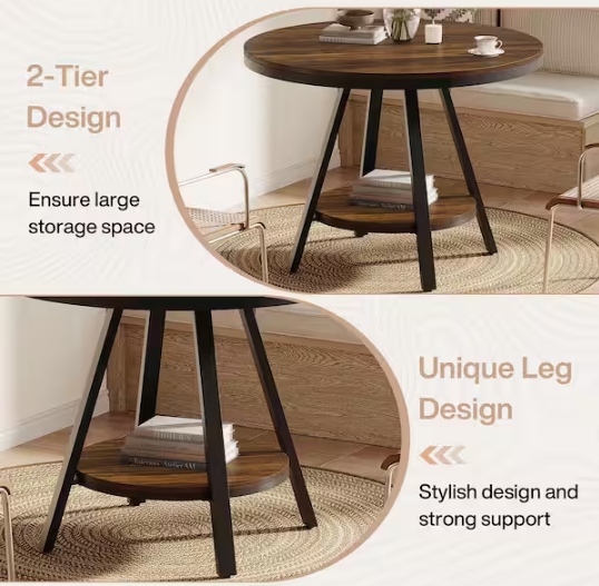 35 in. Round Brown Black Wood Storage Shelves Dining Table