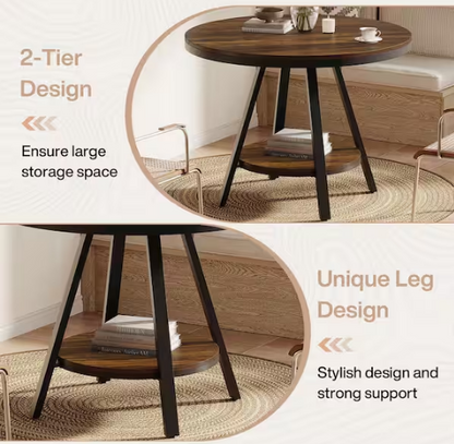 35 in. Round Brown Black Wood Storage Shelves Dining Table