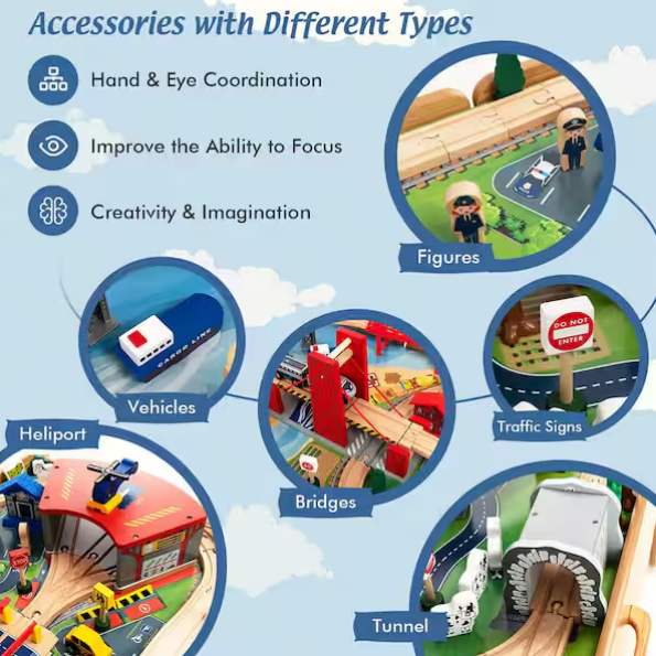 Kids Wooden Train Set and Double-Sided Table Playset