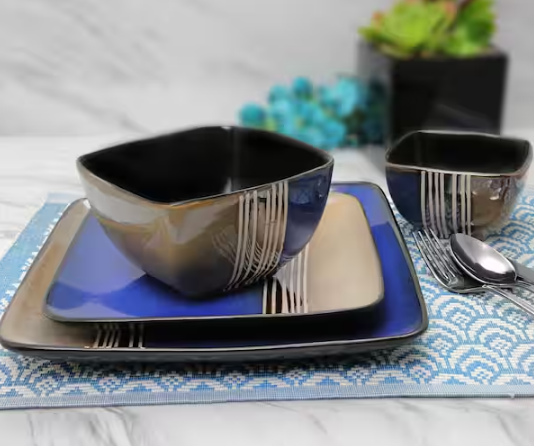 16-Piece Modern Blue Stoneware Dinnerware Set