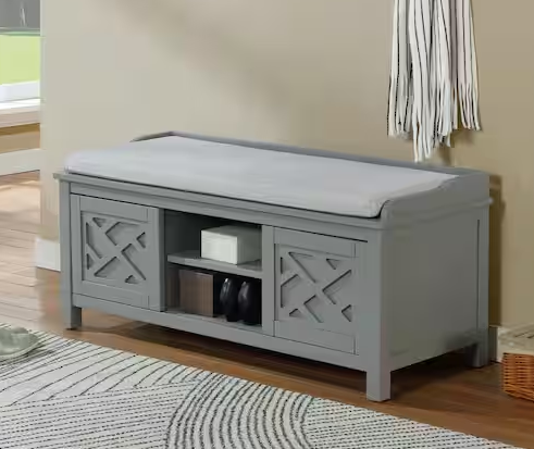 20 in. H Gray Wood Storage Bench with Cushion
