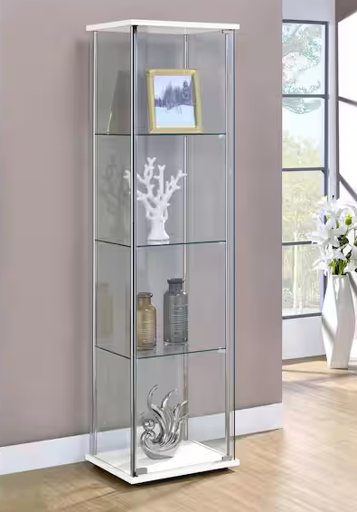 White and Clear Curio Cabinet with 4 Glass Shelves