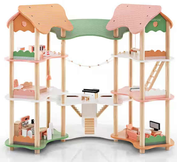 Indoor Wood Doll House 7 Rooms 3 Tiers Playhouse