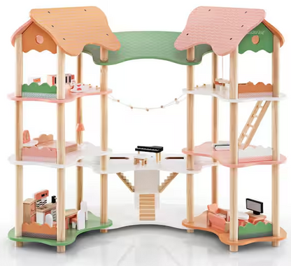 Indoor Wood Doll House 7 Rooms 3 Tiers Playhouse