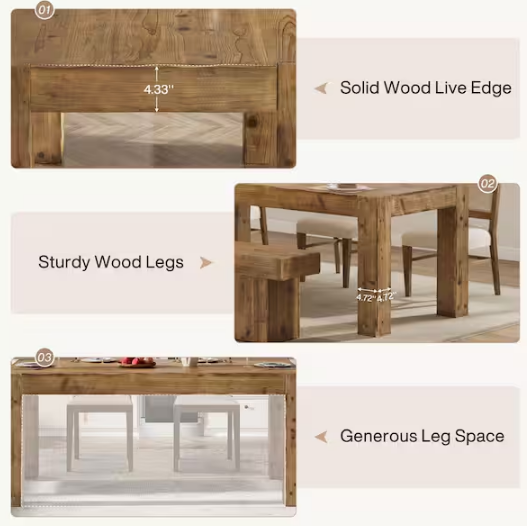 Rustic Brown Solid Wood 63 in. 4 Legs Dining Table