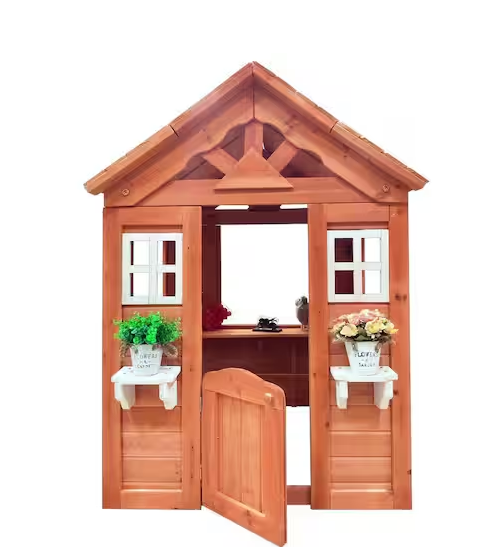 Wooden Kids Playhouse with 2-Windows and Flowerpot Holder
