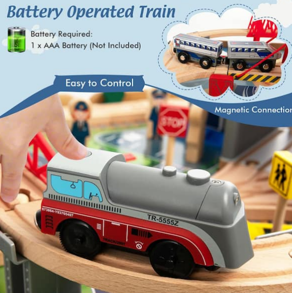 Kids Wooden Train Set and Double-Sided Table Playset