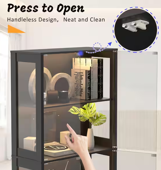 Black 4-Tier Display Cabinet with Tempered Glass Door