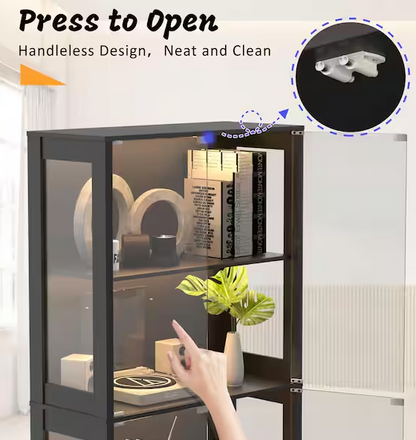 Black 4-Tier Display Cabinet with Tempered Glass Door