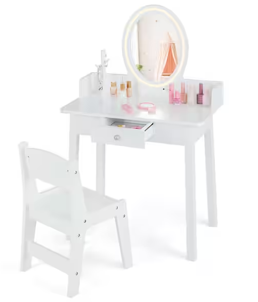 2-Piece Wood Top White Kids Vanity Set with Lighted Mirror Chair