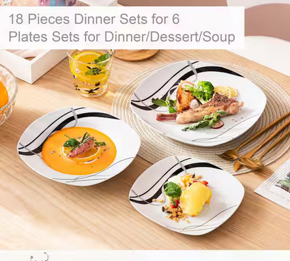 18-Piece Casual Ivory White with Black Stripe Porcelain Dinnerware Set