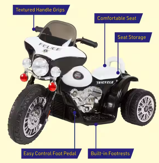 3-Wheel Battery Powered Ride on Toy Motorcycle Police Chopper