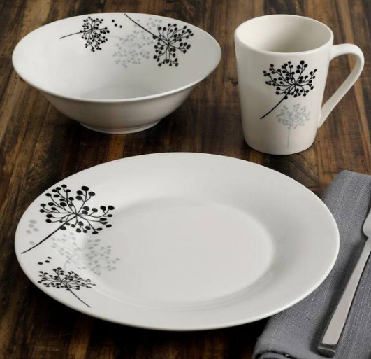 12-Piece Casual White/Black/Grey Ceramic Dinnerware Set