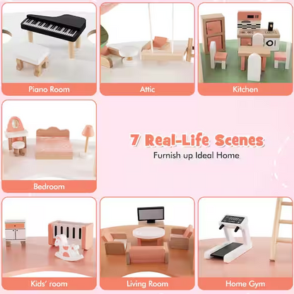 Indoor Wood Doll House 7 Rooms 3 Tiers Playhouse