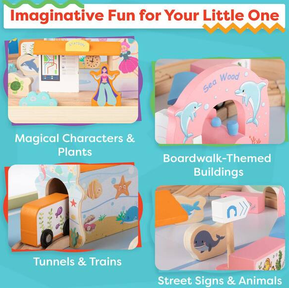 63PC Wooden Train Set with Table, Yellow
