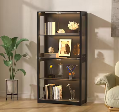 Black 4-Tier Display Cabinet with Tempered Glass Door