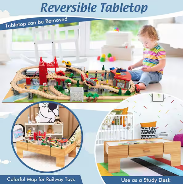 Kids Wooden Train Set and Double-Sided Table Playset