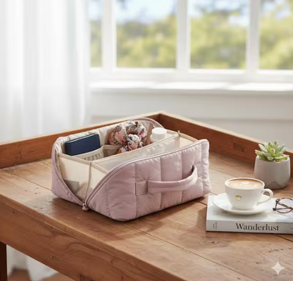 Pink Quilted Travel Makeup Toiletry Bag