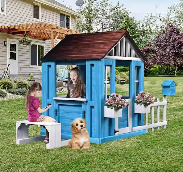 Wooden Kids Playhouse with Picnic Bench