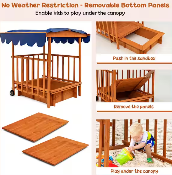 Wooden Rectangle Retractable Sandbox with Cover