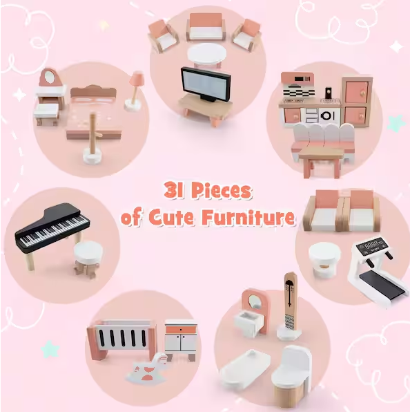 Indoor Wood Doll House 7 Rooms 3 Tiers Playhouse