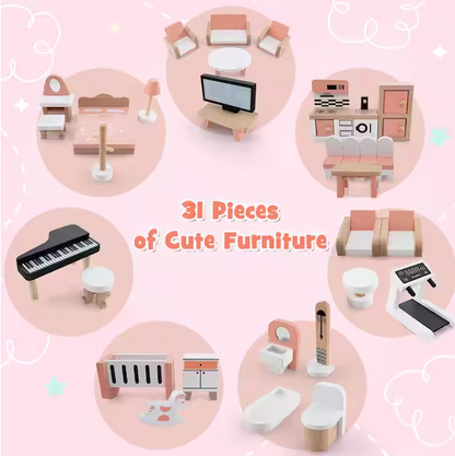 Indoor Wood Doll House 7 Rooms 3 Tiers Playhouse