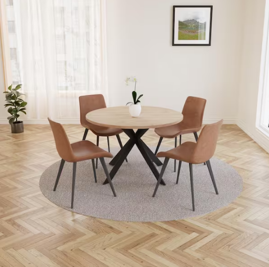 5-Piece (Set of 4) Brown Chairs and Round MDF Dining Table Set