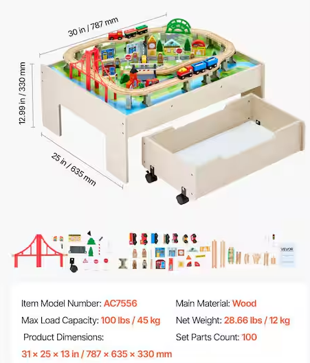 Train Table, 100 Multicolor Pieces Wooden Kids Activity Table