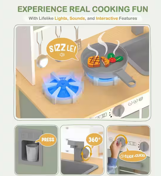 Wooden Play Kitchen Set with Lights and Sounds