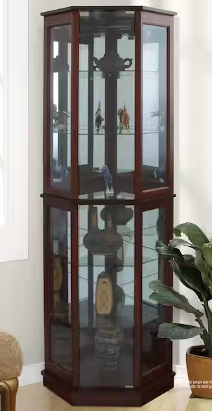 Walnut 5-Sided Lighted Corner Curio Cabinet