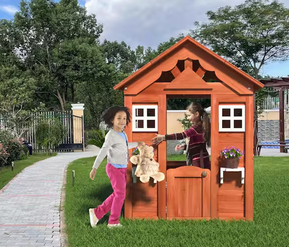 Outdoor Wooden Kids Playhouse with Windows