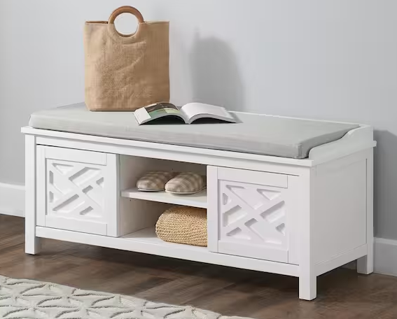 45 in. W Coventry White Wood Bench with Storage and Cushion