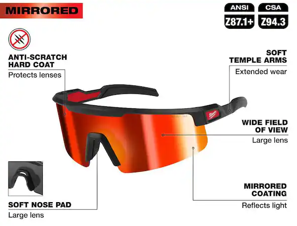 Safety Glasses with Red Wrap Around Mirrored Anti-Scratch Lenses