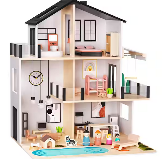 Wooden Dollhouse with 49 Accessories