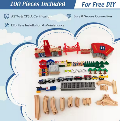 Kids Wooden Train Set and Double-Sided Table Playset