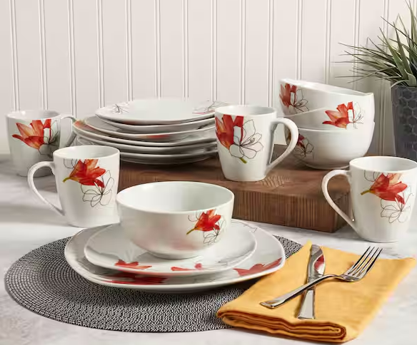 16-Piece Casual White with Pattern Ceramic Dinnerware Set