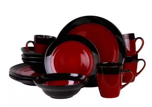 16-Piece Modern Black and Red Stoneware Dinnerware Set