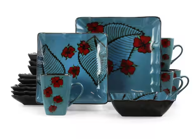 16-Piece Patterned Blue Stoneware Dinnerware Set