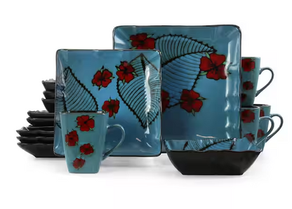 16-Piece Patterned Blue Stoneware Dinnerware Set
