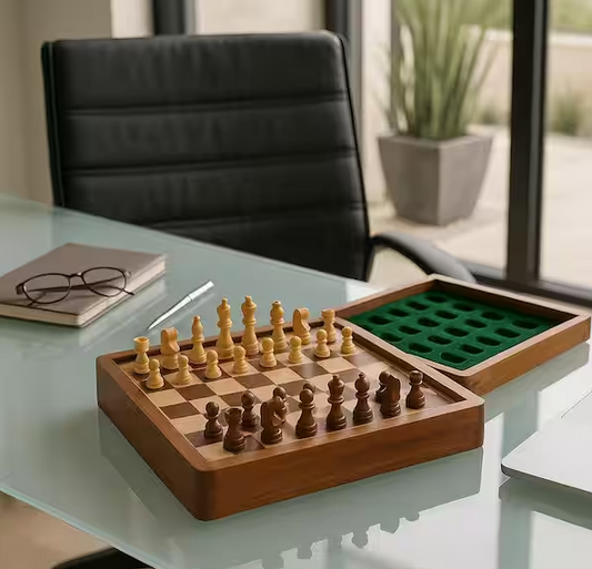 Brown 10 in. x 2 in. Acacia Wood Magnetic Chess Table Game Set