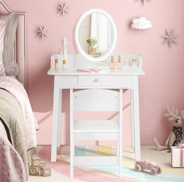 2-Piece Wood Top White Kids Vanity Set with Lighted Mirror Chair