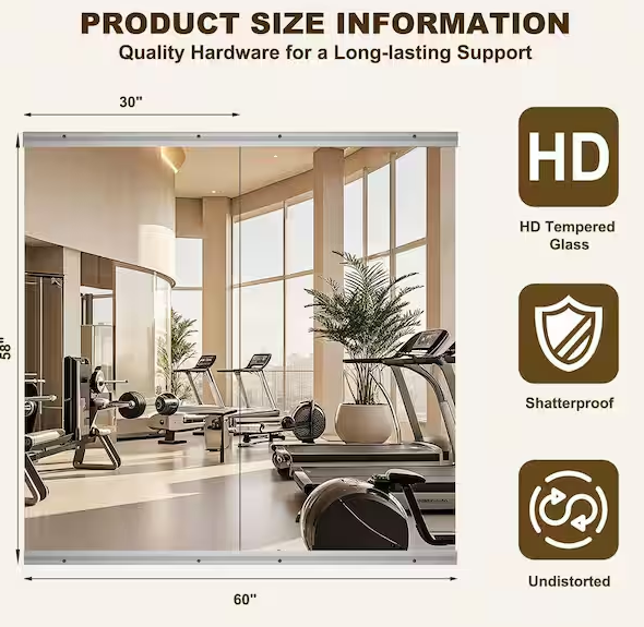 2-Pieces 30 in. W x 58 in. H Rectangle Frameless Gym Mirror