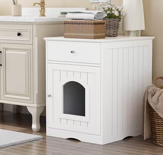 White Wooden Pet House Cat with Drawer