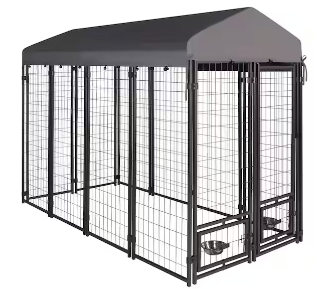 Outdoor Dog Cage Fence with Cover and Rotating Feeding Door