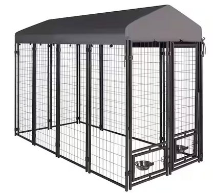 Outdoor Dog Cage Fence with Cover and Rotating Feeding Door