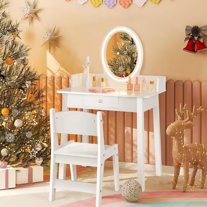 2-Piece Wood Top White Kids Vanity Set with Lighted Mirror Chair