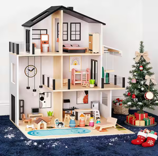 Wooden Dollhouse with 49 Accessories