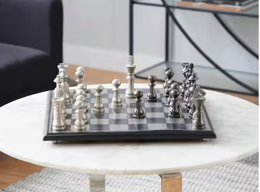 Silver Aluminum Chess Game Set with Black and Silver Pieces