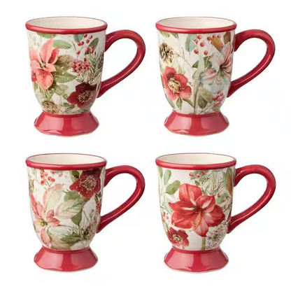 Winter Blooms 18 oz. Assorted Colors Ceramic Mugs (Set of 4)