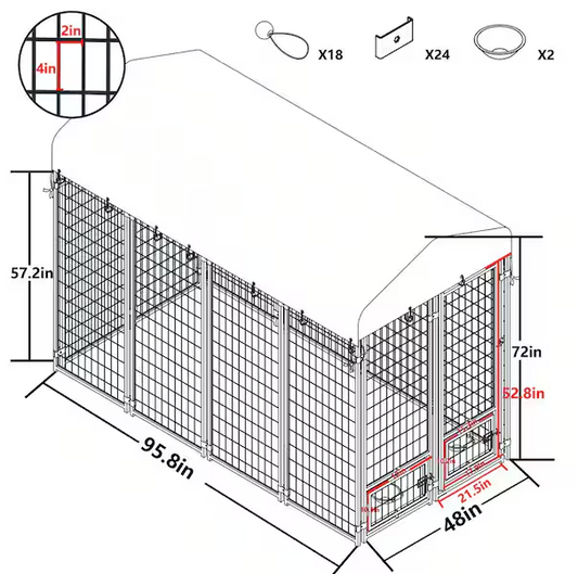 Outdoor Dog Cage Fence with Cover and Rotating Feeding Door